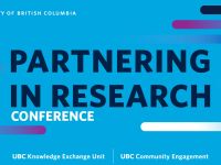 Partnering in Research ad image shows conference details on a blue background with comet-like colour streaks passing horizontally around the text 