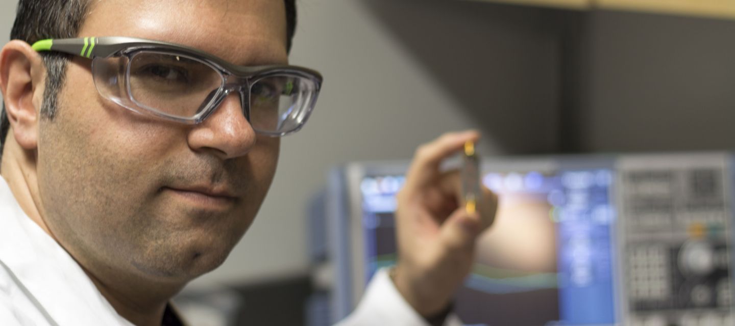 Mohammad Zarifi, an assistant professor at UBC Okanagan, shows his small biosensor that can be used to provide a real-time diagnosis of a bacterial infection.