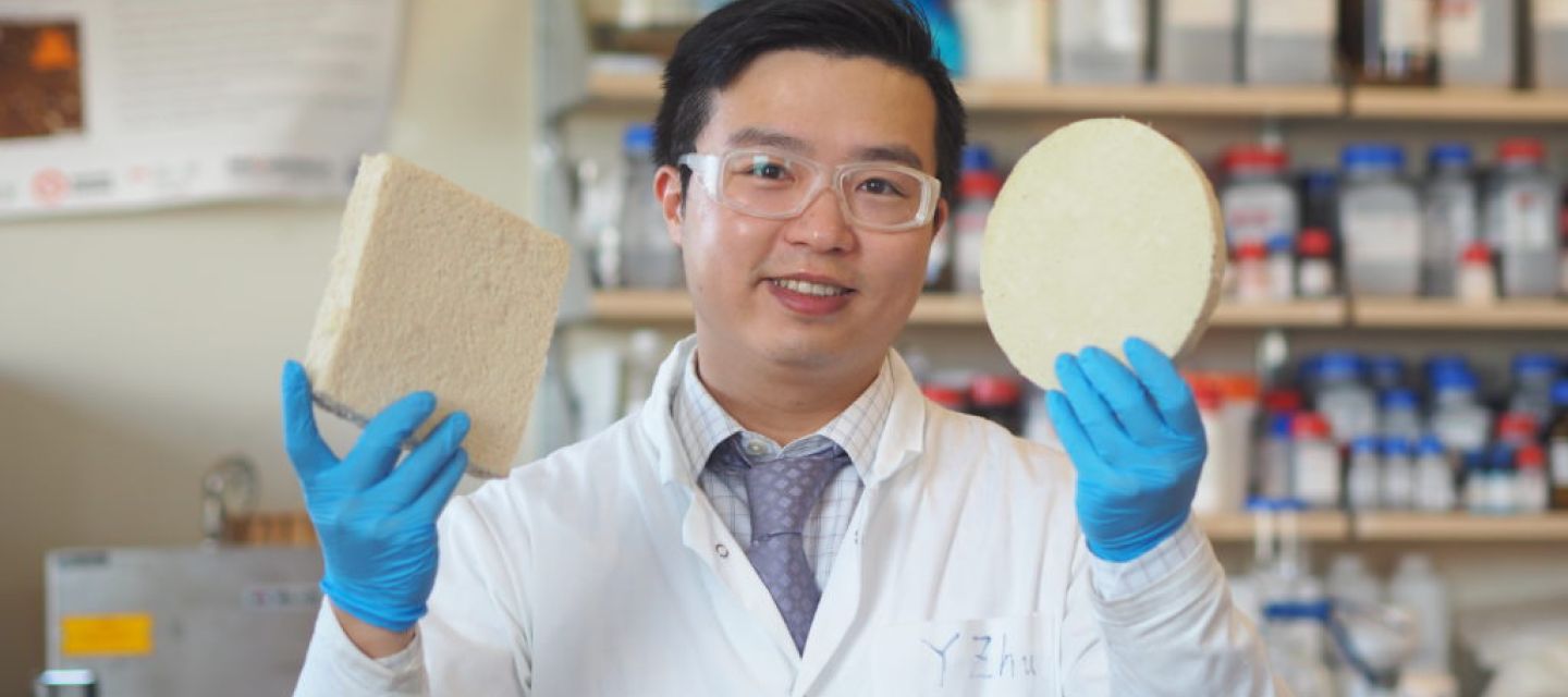 UBC postdoctoral fellow Dr. Yeling Zhu shows samples of the biodegradable foam