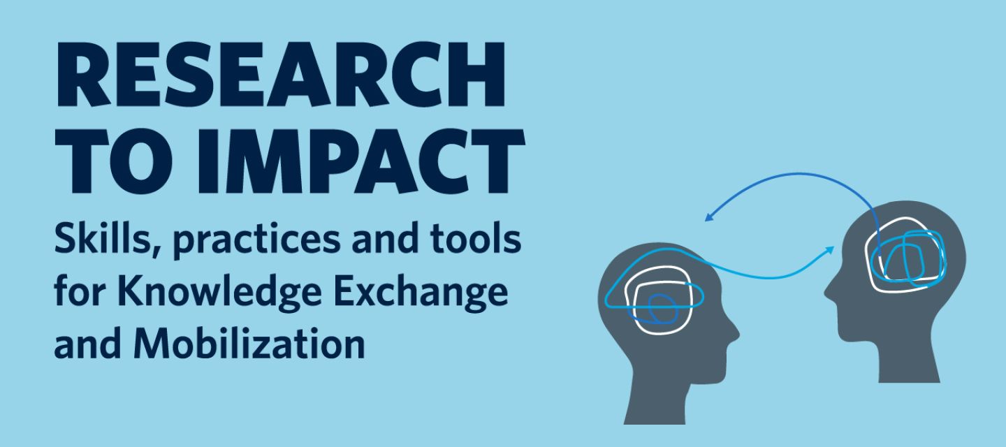 Two gray head silhouettes with swirly lines and arrows in them. And the words: Research to Impact: Skills, practices and tools for Knowledge Exchange and Mobilization 