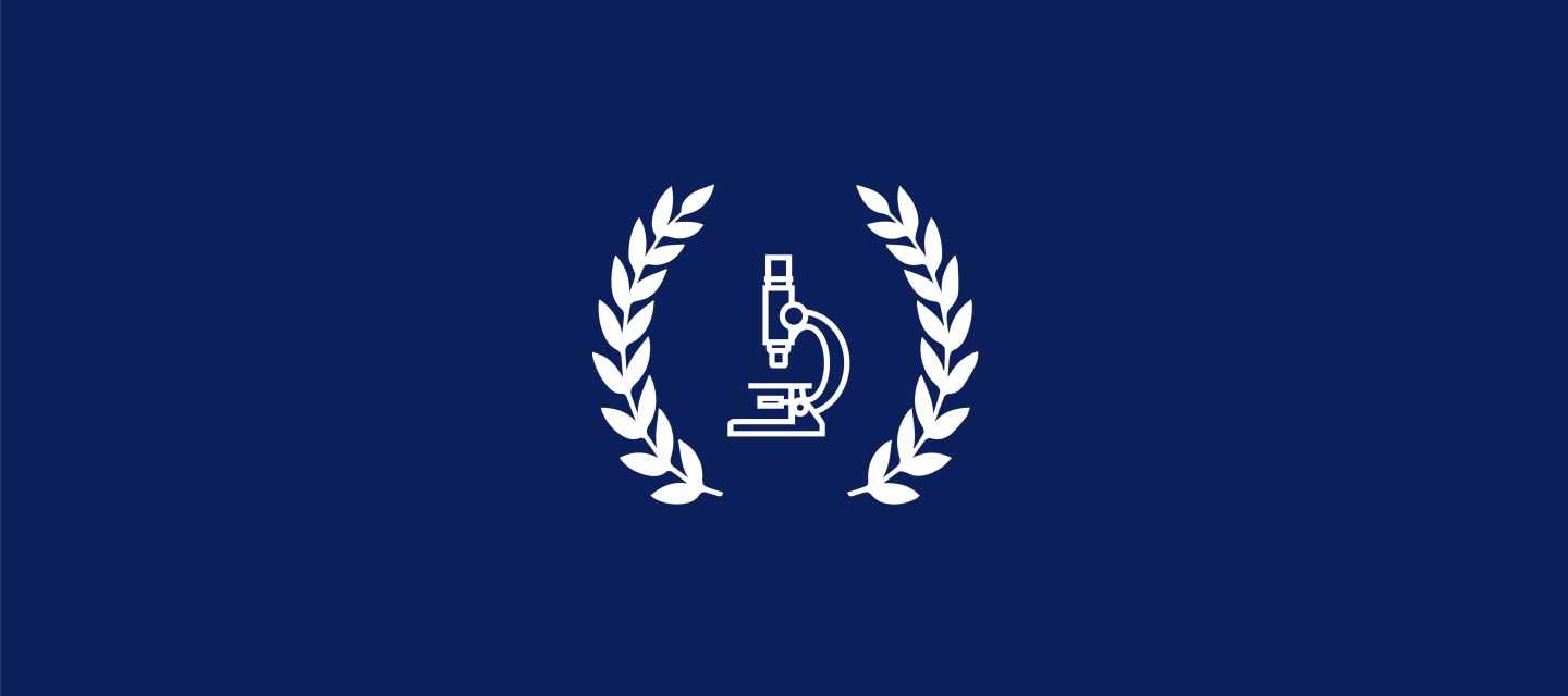 a microscope icon sits between two leafy fronds, both in white, on a navy blue background.