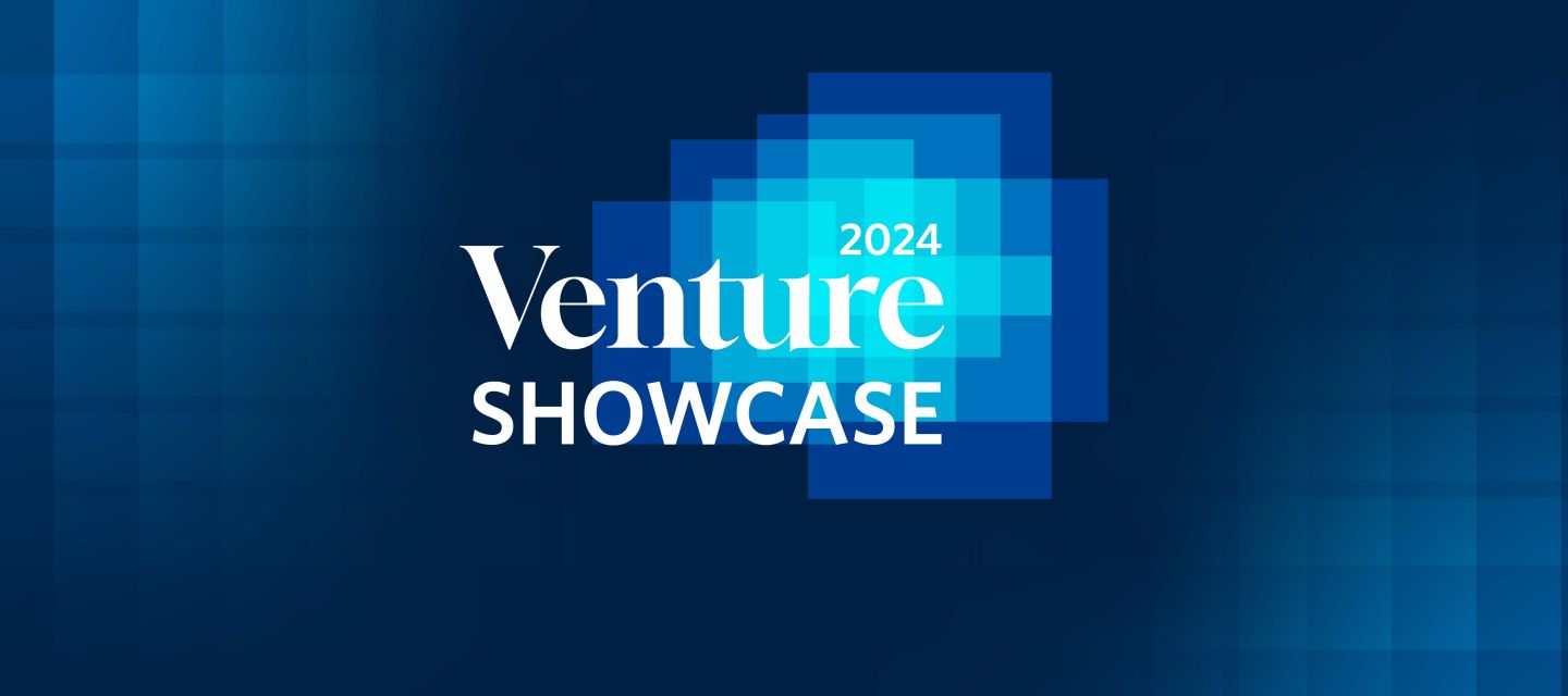 a multicoloured blue background with the words "Venture Showcase" layered on top in white