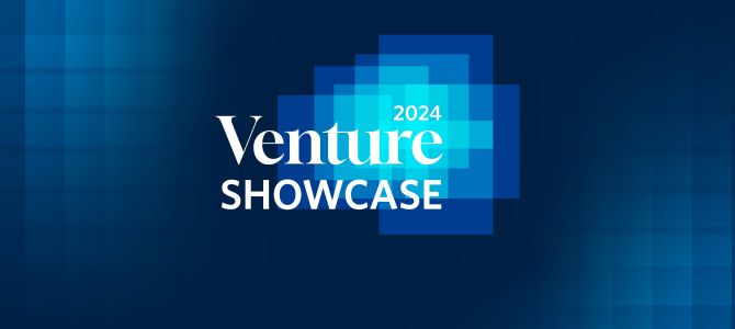 a multicoloured blue background with the words "Venture Showcase" layered on top in white